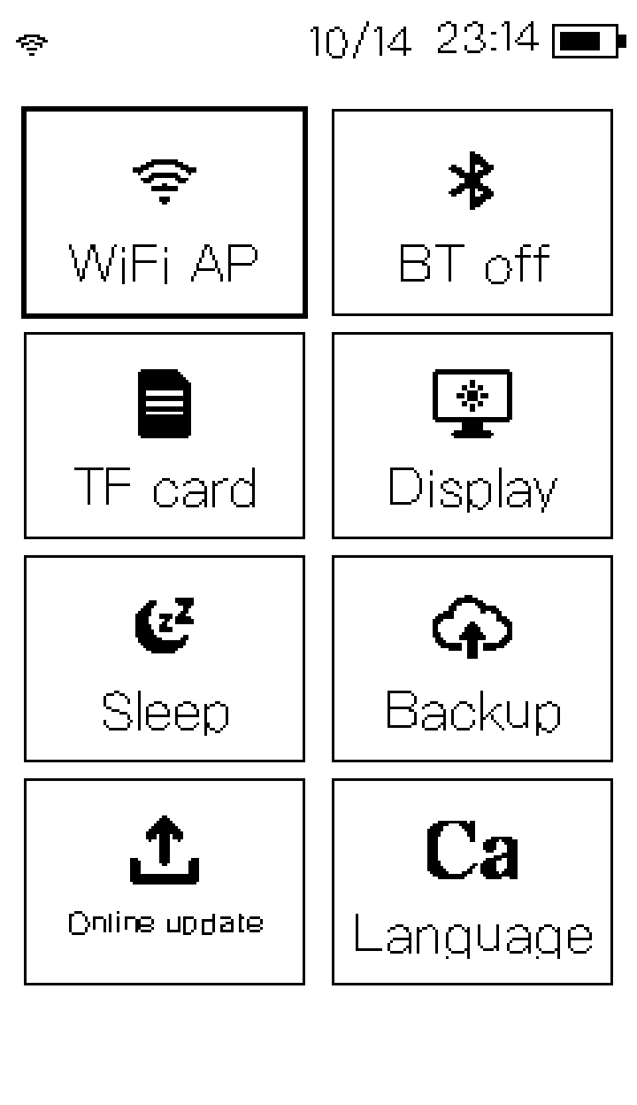 Settings page: eight tiles in two columns.